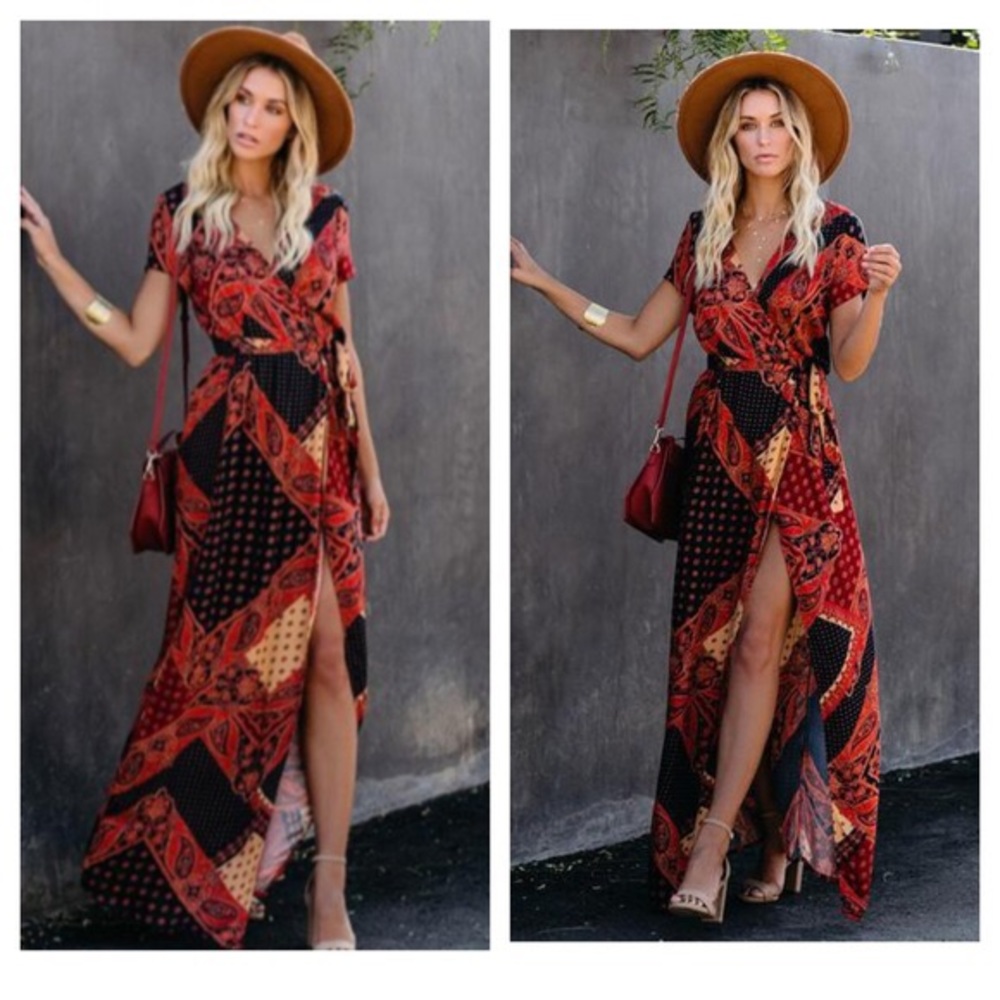 VICI boho maxi wrap dress short sleeve V neck M - Picture 11 of 11